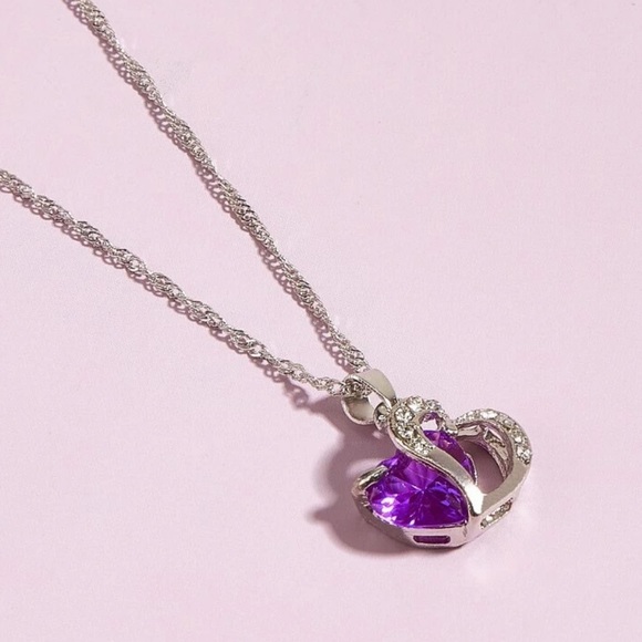 Double Heart Purple Jewel Crystal Bling & Silver Heart Charm Pendant Necklace - Picture 2 of 4